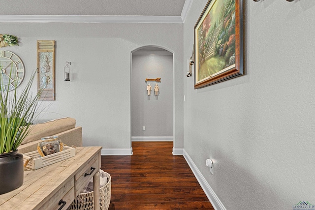 159 Jacobin Creek Dr, Gilmer, TX 75645 - hallway with arched walkways, crown molding, and dark wood finished floors