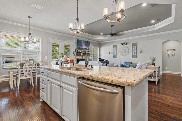 159 Jacobin Creek Dr, Gilmer, TX 75645 - kitchen with dishwasher, a chandelier, ornamental molding, open floor plan, and a ceiling fan