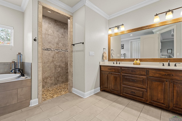 159 Jacobin Creek Dr, Gilmer, TX 75645 - bathroom featuring a garden tub, walk in shower, crown molding, and double vanity