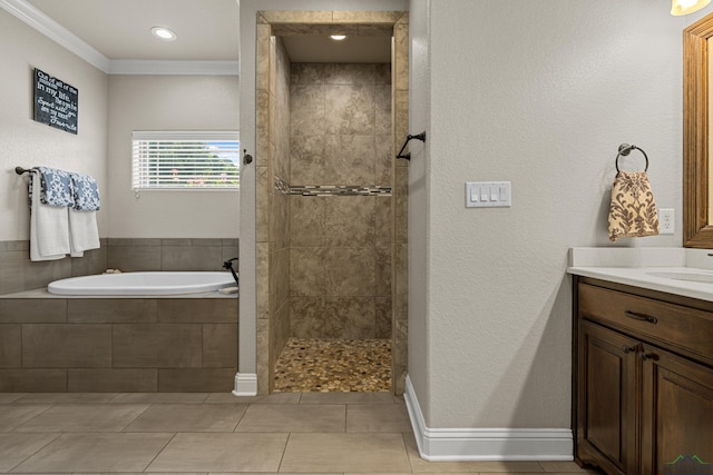 159 Jacobin Creek Dr, Gilmer, TX 75645 - full bath with a garden tub, ornamental molding, vanity, tiled shower, and tile patterned flooring