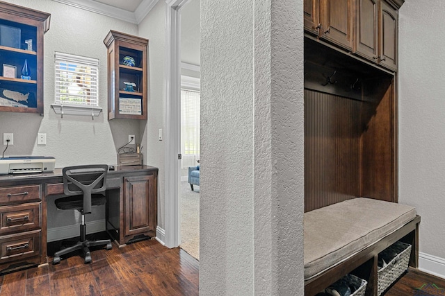 159 Jacobin Creek Dr, Gilmer, TX 75645 - home office with crown molding, dark wood finished floors, and a textured wall