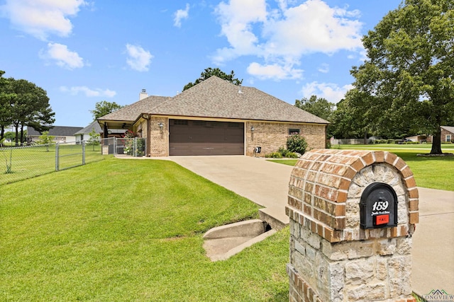 159 Jacobin Creek Dr, Gilmer, TX 75645 - view of front of home with brick siding, driveway, an attached garage, a shingled roof, and a chimney