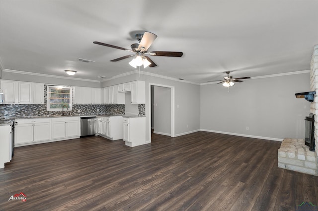 kitchen featuring white cabinetry, dishwasher, sink, backsplash, and ornamental molding