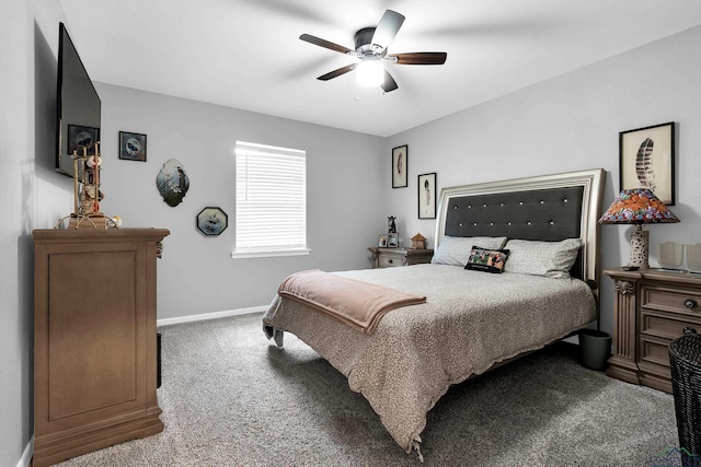 bedroom featuring a ceiling fan, baseboards, and carpet floors