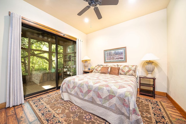 bedroom with access to outside, baseboards, ceiling fan, and wood finished floors