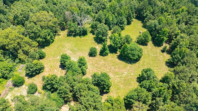 aerial view featuring a wooded view