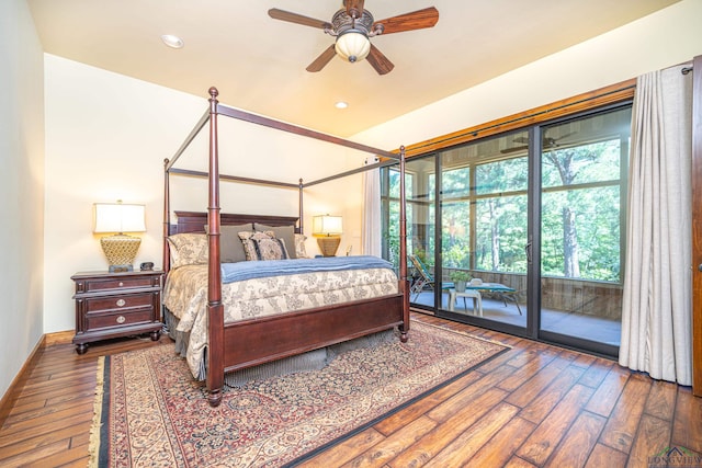 bedroom featuring access to outside, recessed lighting, baseboards, and hardwood / wood-style flooring