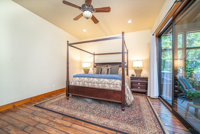 bedroom with access to exterior, recessed lighting, hardwood / wood-style flooring, and baseboards