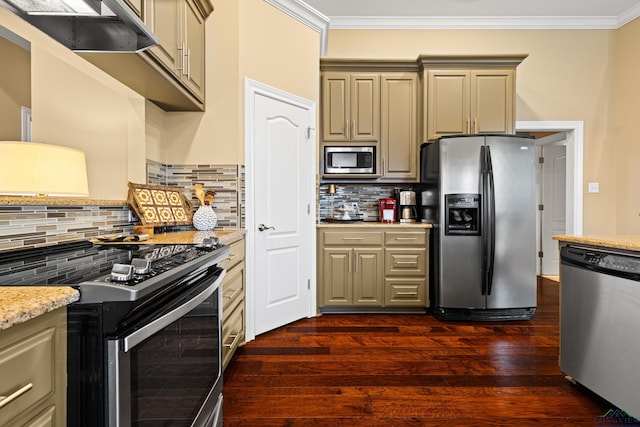 kitchen featuring appliances with stainless steel finishes, light stone countertops, ornamental molding, dark wood-type flooring, and backsplash