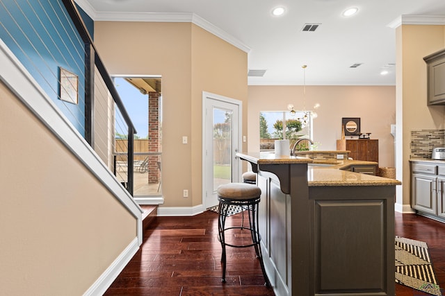 kitchen featuring visible vents, a sink, dark wood-style flooring, and plenty of natural light