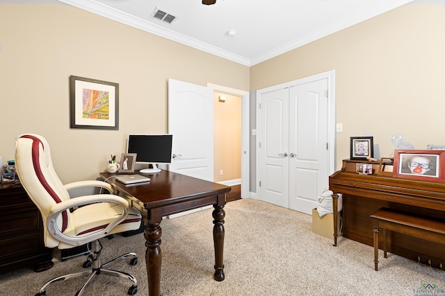 office area with visible vents, ornamental molding, and carpet flooring