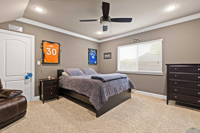 bedroom featuring recessed lighting, baseboards, crown molding, and carpet floors
