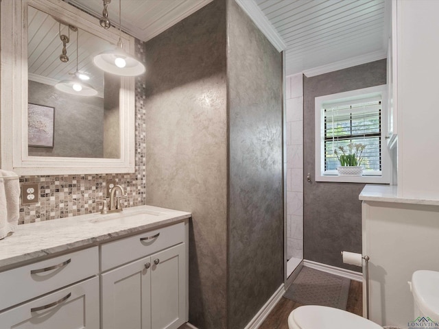 591 N Live Oak Rd, Gilmer, TX 75644 - bathroom featuring crown molding, vanity, a stall shower, and wood finished floors