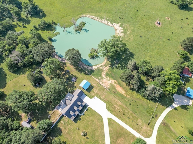 bird's eye view with a water view and a rural view