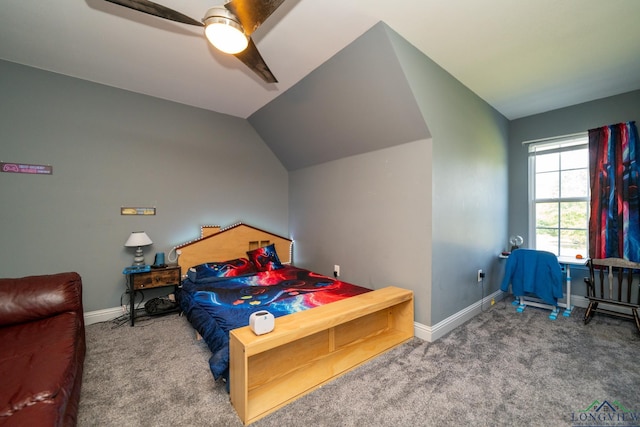 bedroom with carpet, ceiling fan, and lofted ceiling