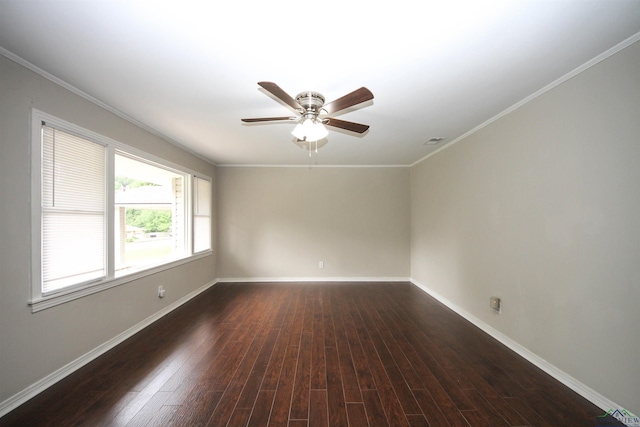 empty room with dark wood-style flooring, baseboards, and a ceiling fan