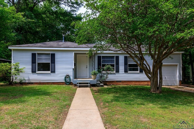 view of front facade featuring a garage, a front yard, and crawl space