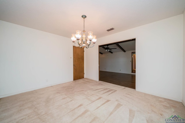 107 Tulip St, White Oak, TX 75693 - carpeted spare room featuring ceiling fan with notable chandelier and visible vents