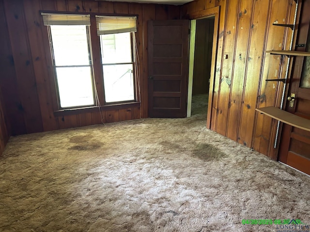 unfurnished room featuring carpet flooring and wooden walls