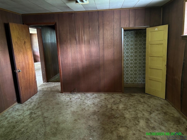 unfurnished room featuring carpet floors and wooden walls