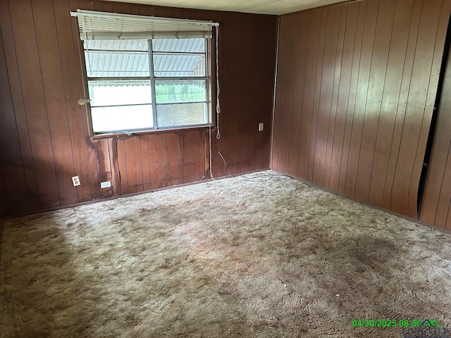 unfurnished room featuring carpet flooring and wood walls
