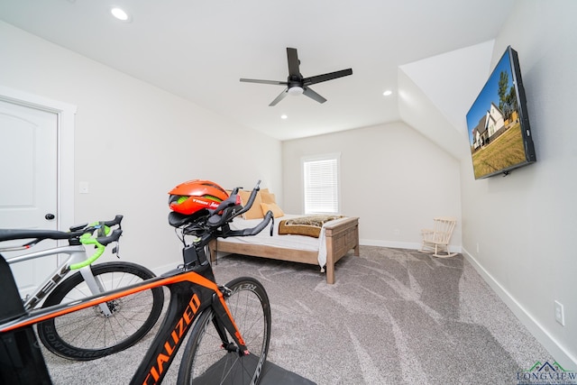 bedroom with carpet, vaulted ceiling, and ceiling fan