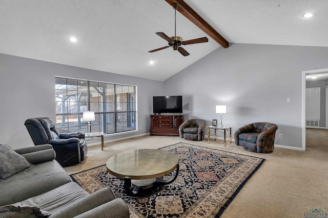 living area featuring carpet floors, vaulted ceiling with beams, baseboards, and a textured ceiling