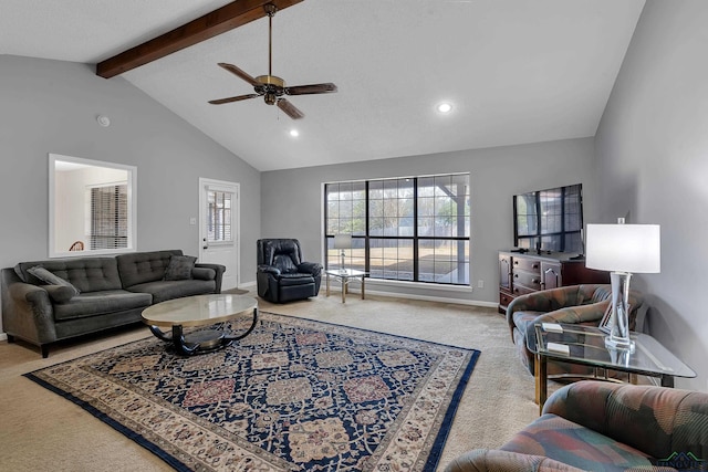 carpeted living area featuring high vaulted ceiling, recessed lighting, a ceiling fan, baseboards, and beam ceiling