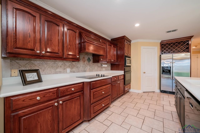 kitchen with premium range hood, black appliances, decorative backsplash, ornamental molding, and light tile patterned floors