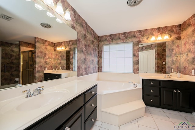 full bathroom with vanity, separate shower and tub, tile patterned floors, and toilet