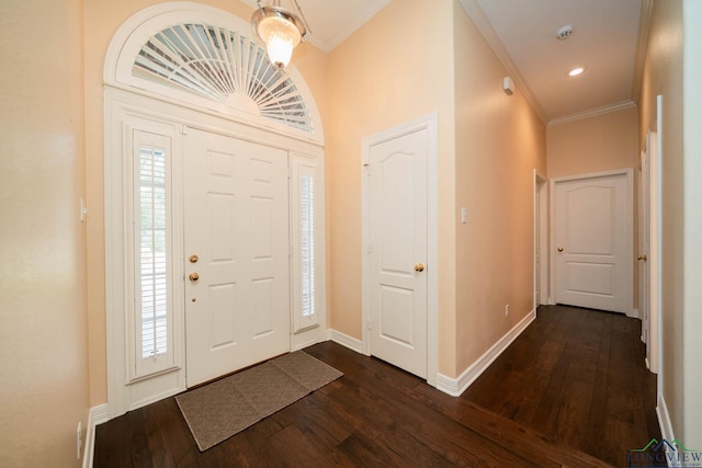 foyer featuring a wealth of natural light, dark hardwood / wood-style floors, and ornamental molding