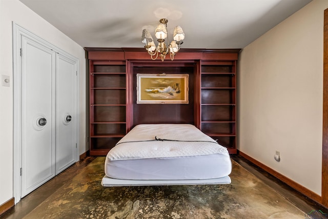 1011 Towne Lake Dr, Longview, TX 75601 - bedroom featuring a chandelier, concrete flooring, and baseboards
