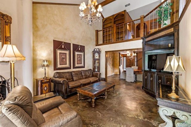 1011 Towne Lake Dr, Longview, TX 75601 - living area featuring a chandelier, concrete floors, and a towering ceiling