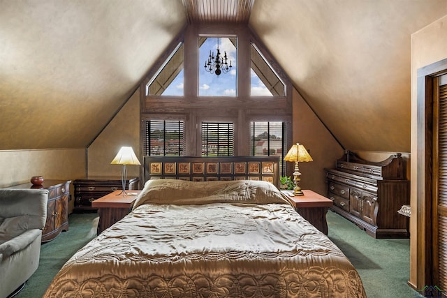 1011 Towne Lake Dr, Longview, TX 75601 - bedroom featuring dark colored carpet, vaulted ceiling, and a chandelier