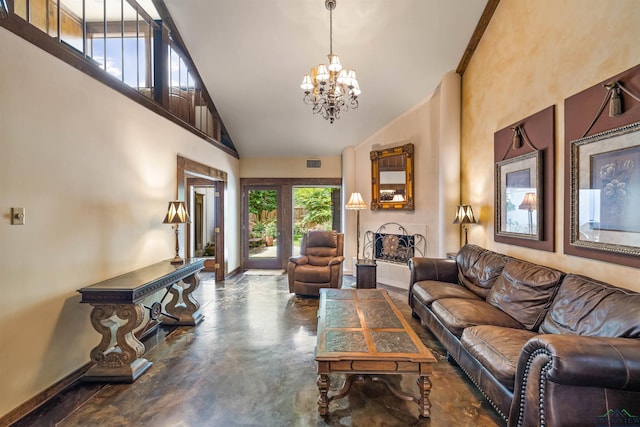 1011 Towne Lake Dr, Longview, TX 75601 - living area featuring high vaulted ceiling, a chandelier, baseboards, and concrete flooring