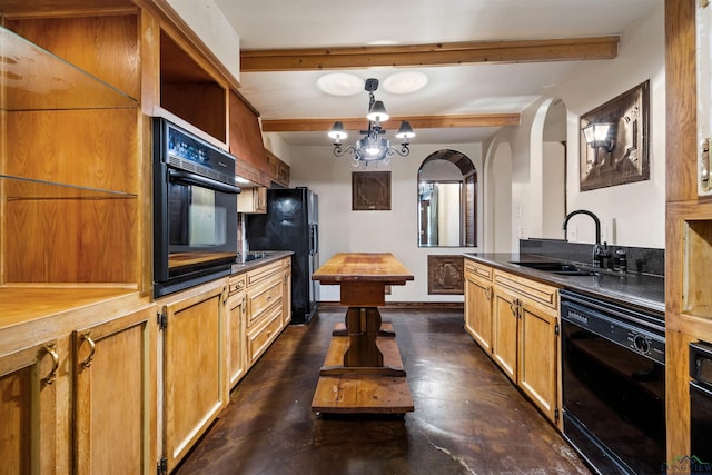1011 Towne Lake Dr, Longview, TX 75601 - kitchen featuring black appliances, a sink, dark countertops, beamed ceiling, and a chandelier