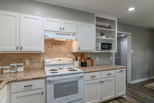 kitchen featuring tasteful backsplash, white cabinetry, white electric range oven, and under cabinet range hood