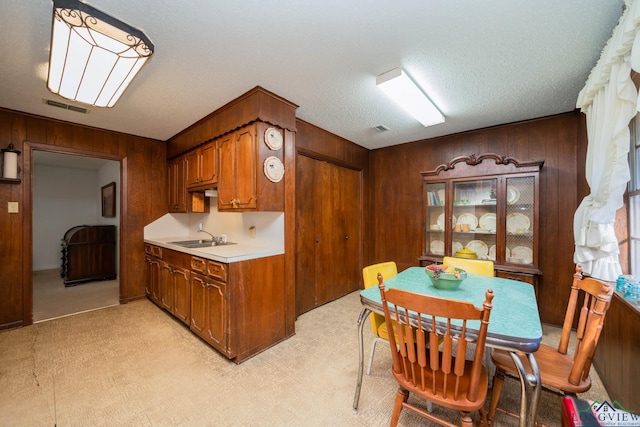 kitchen featuring sink, wooden walls, and a textured ceiling