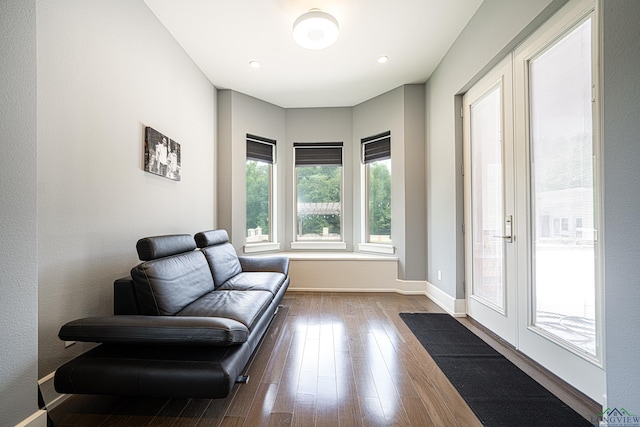 sitting room with dark wood-type flooring