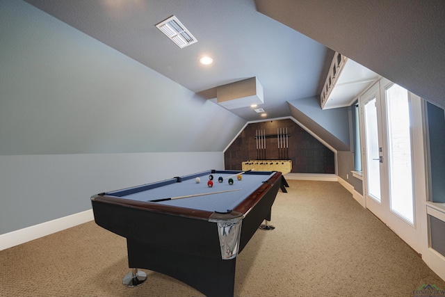 playroom featuring carpet, plenty of natural light, lofted ceiling, and billiards