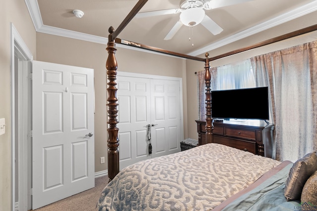 810 Crepe Myrtle Ln, Longview, TX 75604 - bedroom with ornamental molding, light carpet, a closet, and ceiling fan