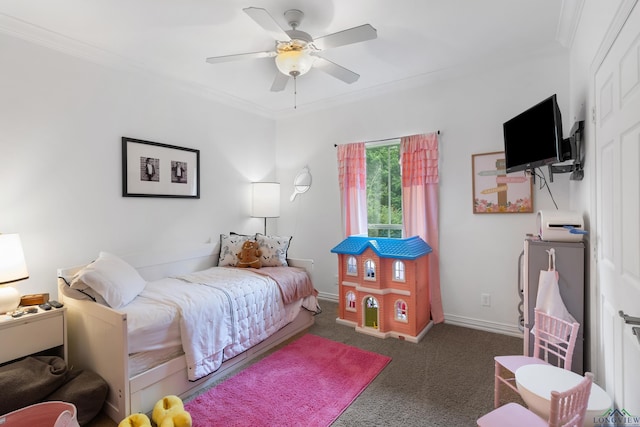 810 Crepe Myrtle Ln, Longview, TX 75604 - bedroom featuring ornamental molding, carpet, a ceiling fan, and baseboards