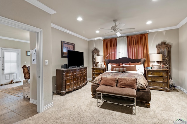 810 Crepe Myrtle Ln, Longview, TX 75604 - bedroom featuring ornamental molding, recessed lighting, baseboards, carpet flooring, and ceiling fan