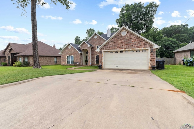 810 Crepe Myrtle Ln, Longview, TX 75604 - view of front facade with brick siding, a chimney, driveway, and a garage