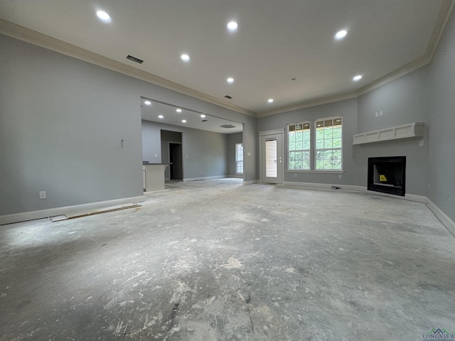 495 Lake Gladewater Rd, Gladewater, TX 75647 - unfurnished living room with ornamental molding, a fireplace, and recessed lighting