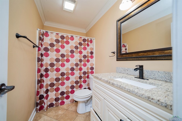 1505 Leach St, Kilgore, TX 75662 - full bathroom featuring crown molding, toilet, vanity, tile patterned floors, and a shower with curtain