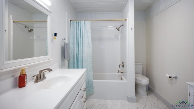 full bathroom with vanity, toilet, and shower / bathtub combination with curtain