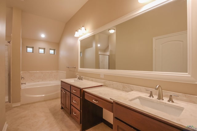 9386 Stonebank Xing, Tyler, TX 75703 - bathroom featuring double vanity, a garden tub, a stall shower, tile patterned floors, and vaulted ceiling