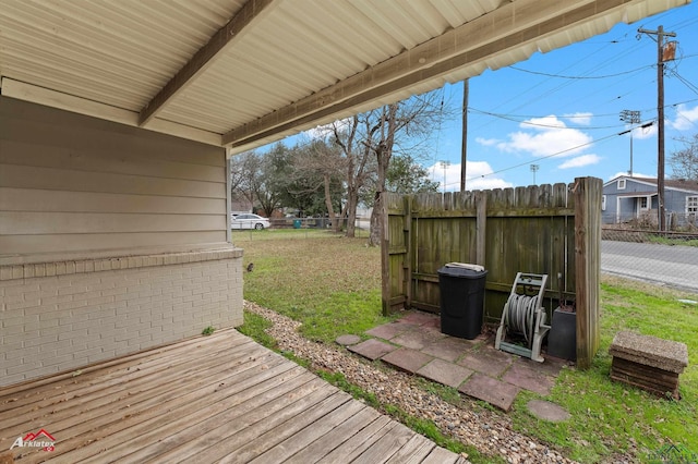 wooden deck with a yard and fence