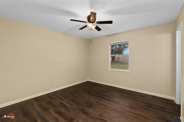 unfurnished room featuring a textured ceiling, baseboards, dark wood-style flooring, and ceiling fan